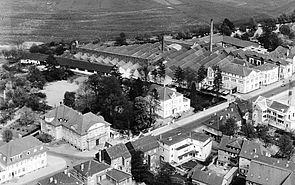 Luftbild von Historischem Rathaus und Chronos-Werk ca. 1950